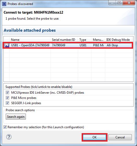 Run a demo using MCUXpresso IDE v10.0.0 Figure 59. Attached Probes: debug emulator selection 6.