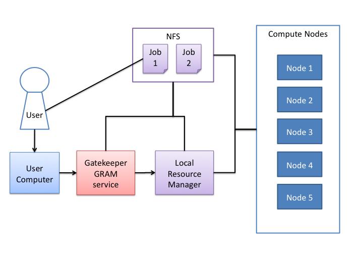 the GRAM service sends the job to the LRM and communicates with it to manage the job. The LRM actually allocates the compute node for the job and stores the output in the local disk.