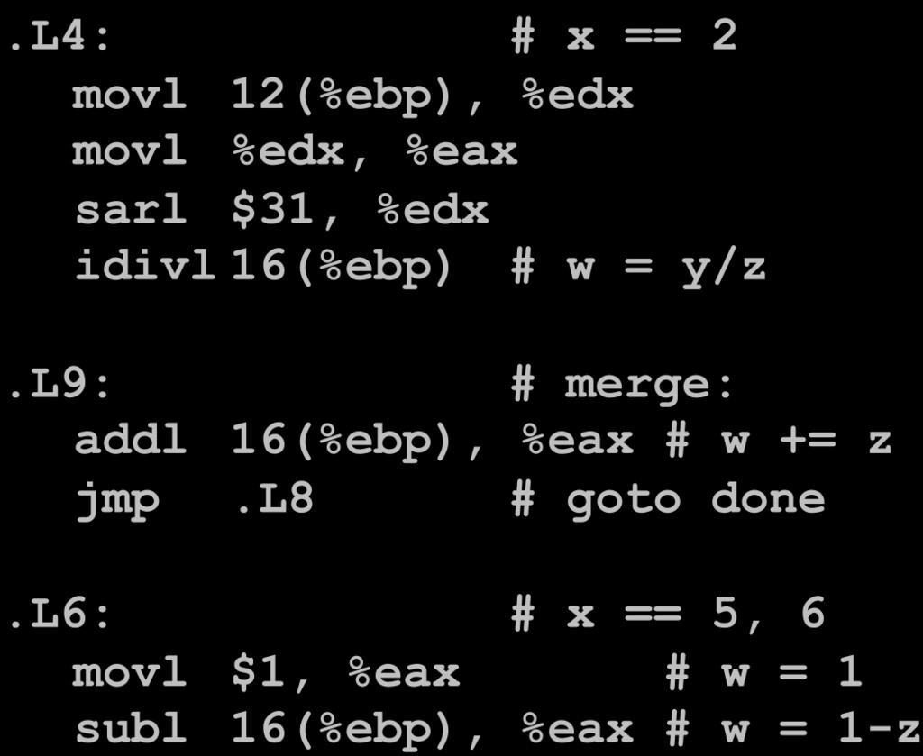 Code Blocks (Rest) switch(x) {... case 2: //.L4 w = y/z; /* Fall Through */ merge: //.