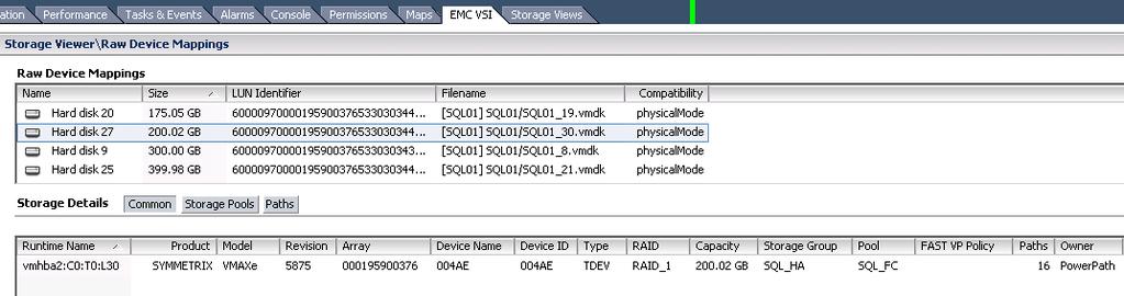Figure 13 shows the SQL Server hosts and the Symmetrix VMAX 10K storage mapping with details about the LUNs. Figure 13.