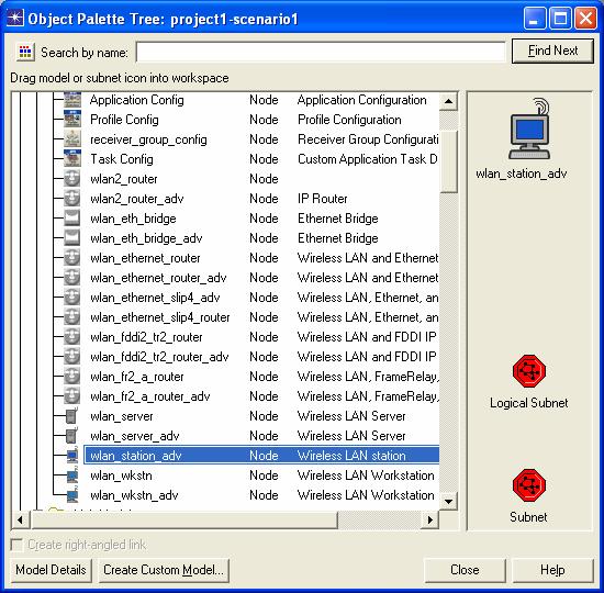 14 Modeler Support for Wireless Object Palette Tree Snapshot of the defined nodes for WLAN technology Selected nodes are