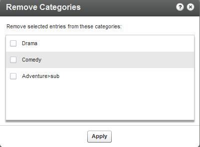 Content Authoring Tools Edit - Remove Categories You can remove categories from entries in the KMC. Removal will propagate to other applications. To remove categories from an entry 1.