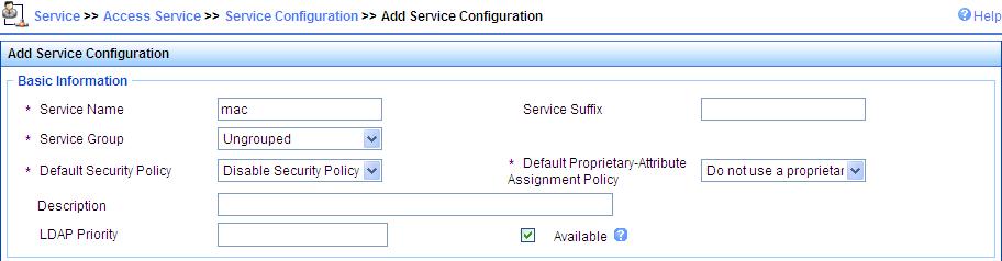 f. Select LAN Access Service for Service Type. g. Select H3C for Access Device Type. h. Select or manually add an access device with the IP address 10.18.1.1. Figure 31 Adding access device # Add service.