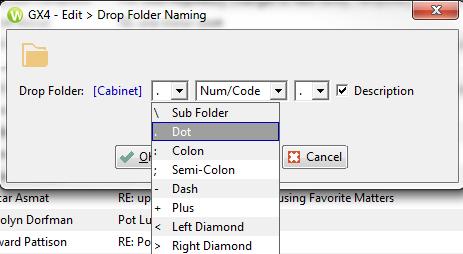 In the Edit > Drop Folder Naming dialog you can select different characters to use within the Worldox drop folder structure in Outlook.