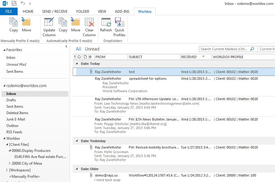 Microsoft Outlook Active Profiling A new Worldox Profile column in Microsoft Outlook shows