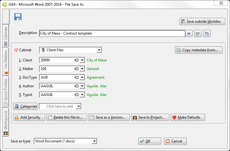 Reorganized File Save Dialog File Save dialog boxes now feature convenient Cabinets, Favorite Matters and Quick Profiles tabs.