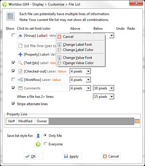 Customizing the File List GX4 provides a variety of ways to easily customize fonts, colors and spacing in your file lists. From the Worldox menu, select Display > Customize > File List.