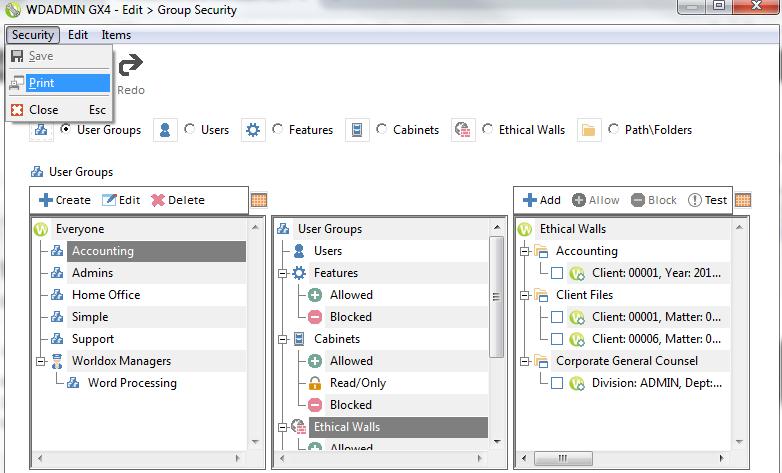 Print Security Groups and Walls Information from WDADMIN You can now print reports with details about