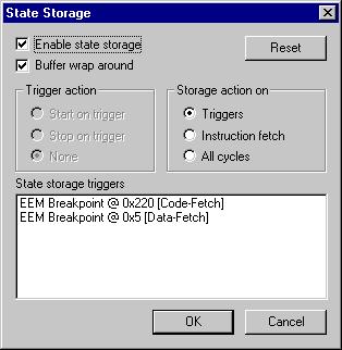 C-SPY FET Debugger options and menus STATE STORAGE DIALOG BOX Use the State Storage dialog box available from the Emulator menu to define how to use the state storage module available on devices that