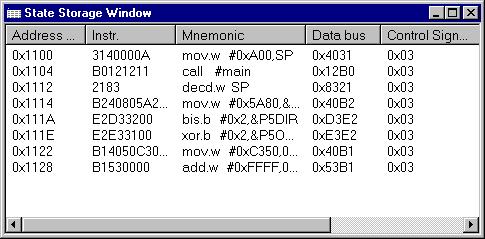 C-SPY FET Debugger options and menus STATE STORAGE WINDOW The State Storage window available from the Emulator menu displays state storage information for eight states.