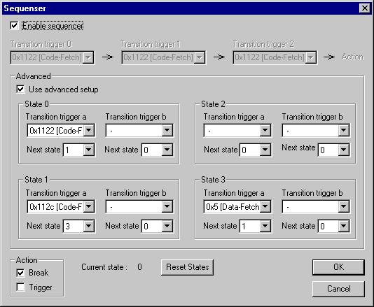 Emulator menu SEQUENCER DIALOG BOX The Sequencer dialog box available from the Emulator menu lets you break the execution or trigger the state storage module by using a more complex method than a