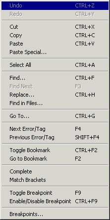 IAR Embedded Workbench IDE reference Menu command Recent Files Recent Workspaces Exit EDIT MENU Description Table 44: File menu commands (Continued) Displays a submenu to let you quickly open the