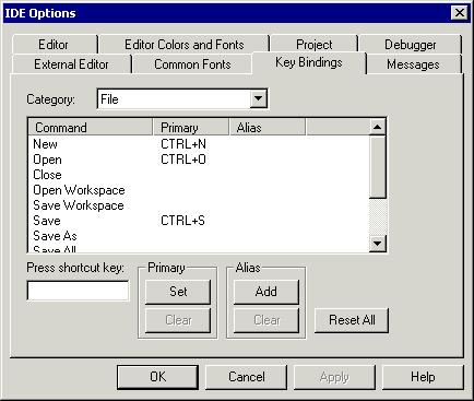 IAR Embedded Workbench IDE reference Key Bindings page The Key Bindings page available by choosing Tools>Options displays the shortcut keys used for each of the menu options, and lets you change them.