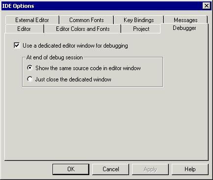 IAR Embedded Workbench IDE reference Debugger page The Debugger page available by choosing Tools>Options lets you use a dedicated editor window for debugging purposes.