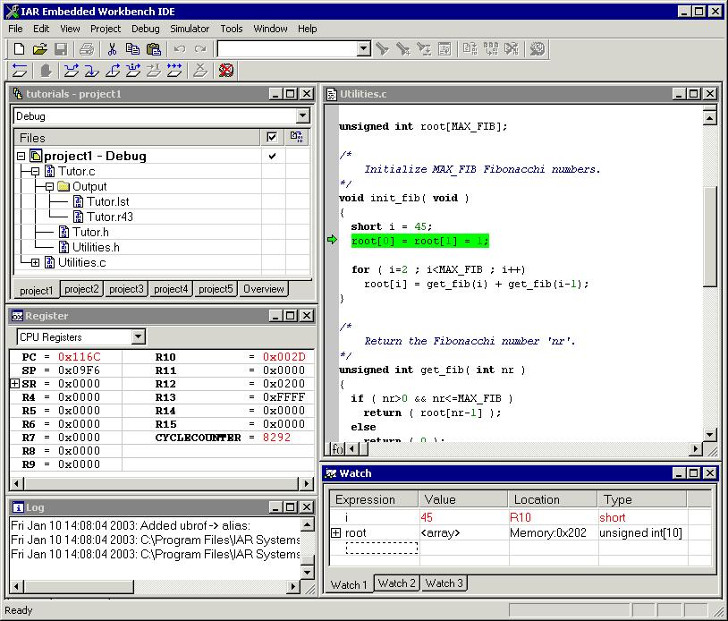 C-SPY windows IAR C-SPY DEBUGGER WINDOW The following figure shows the main IAR Embedded Workbench IDE window when you are debugging, using the IAR C-SPY Simulator.