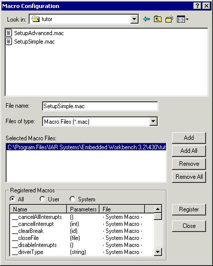 C-SPY menus Macro functions that have been registered using the dialog box will be deactivated when you exit the debug session, and will not automatically be registered at the next debug session.
