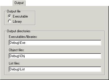 General options Output The Output options let you specify the type of output file Executable or Library.