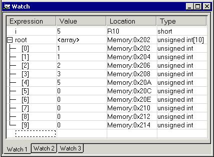 3 Set a watchpoint on the variable i using the following procedure: Click the dotted rectangle in the Watch window. In the entry field that appears, type i and press the Enter key.