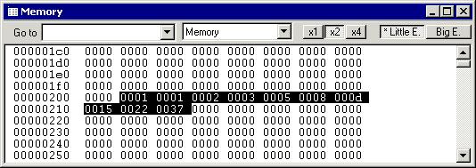 Debugging using the IAR C-SPY Debugger 3 To display the memory contents as 16-bit data units, click the x2 button on the Memory window toolbar.