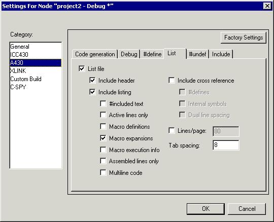 Mixing C and assembler modules 2 Select the project level node in the workspace window, choose Project>Options. Use the default settings in the General, ICC430, and XLINK categories.