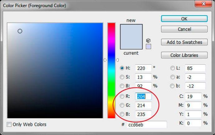 Selecting the Sky Blue Colour Click on the Set Foreground Colour button to bring up the Colour Picker dialogue box.