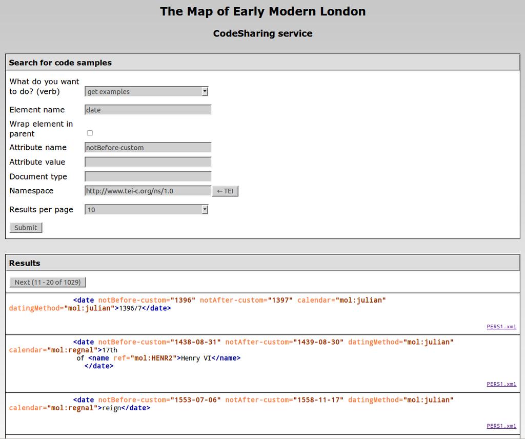 Figure 1. The Web interface of the CodeSharing service on the MoEML site.