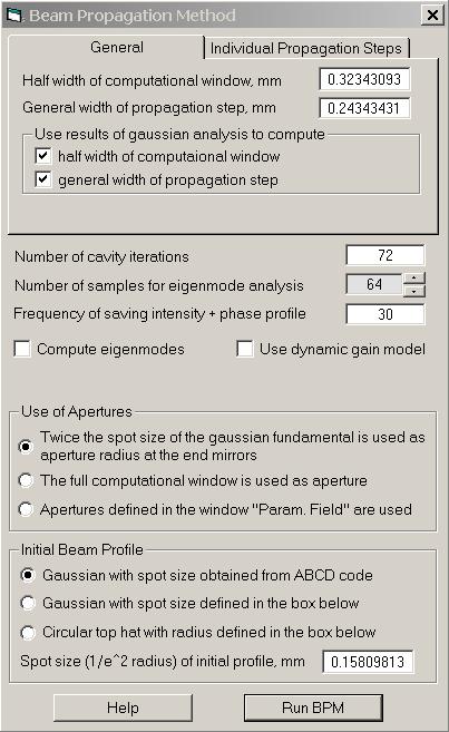 Computing the laser power output 19 Click BPM Run BPM in the menu bar of the main LASCAD window to open a window with entries to control the execution of the BPM code, as shown in Fig.