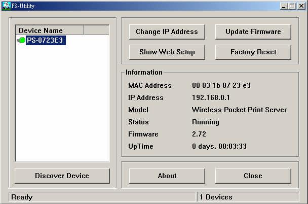 2. The main screen will appear as below, and it starts to search the connected print server within the network.