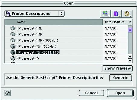 Click Open. (If your printer is not listed, click Generic to use a generic printer description.