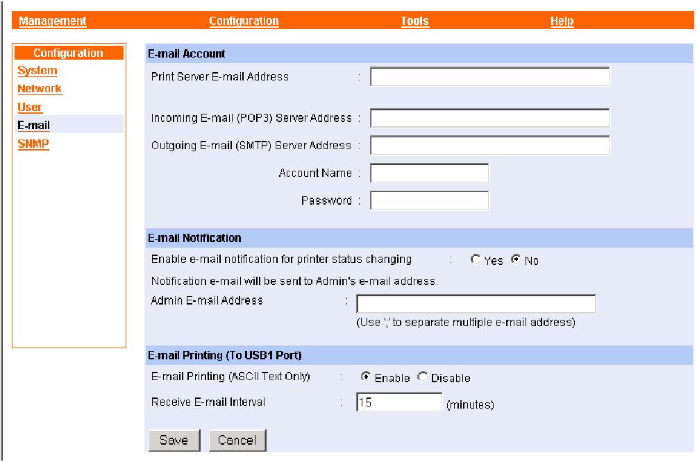 Configuration g E-mail E-mail Account You can assign an E-mail address to the print server, so that your mail of the account can be printed out directly through the printer (ASCII text only).