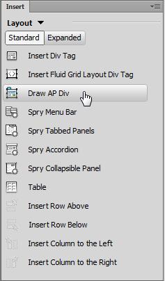 The new file is added to the Files panel. 6. Select the Layout category in the Insert panel and confirm the Standard mode button is selected (Figure 3) 7. Click the Draw AP Div button.