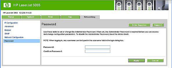 After a password is set, only users who know the password have access to the Networking tab. If a password has been set, users are prompted for the password.