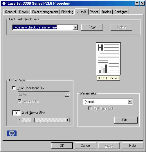 Figure 3-7 Effects tab - HP Traditional PCL 6 Driver The Effects tab contains the following options: Print Task Quick Sets Document preview image Fit To Page Watermarks Edit Print Task Quick Sets Use