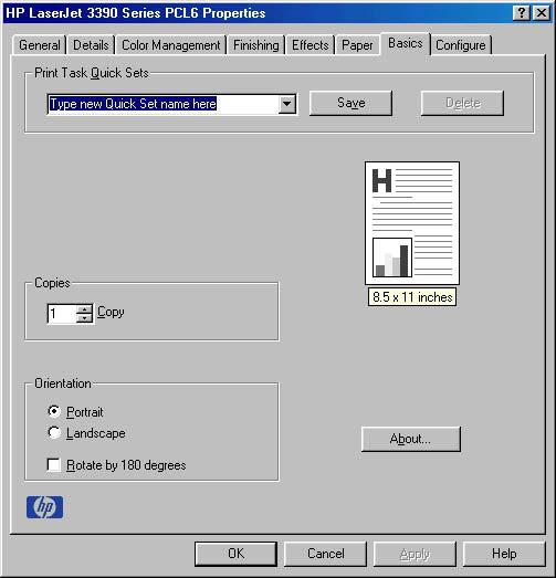 Figure 3-18 Basics tab HP Traditional PCL 6 Driver The Basics tab contains the following options: Print Task Quick Sets Copies HP traditional print drivers for Windows Orientation Document preview
