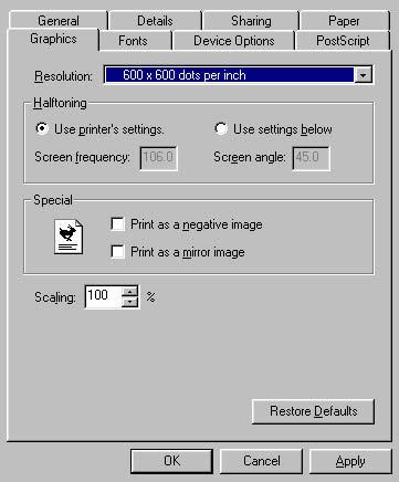 Halftoning Special Scaling Restore Defaults button Figure 3-24 Graphics tab Resolution Specifies the resolution you want for printing, in dots per inch (dpi).