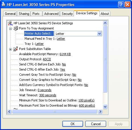 Figure 4-15 Device Settings tab - PS Emulation Unidriver The Device Settings tab contains the following controls: Form to Tray Assignment options Font Substitution Table options Installable Options