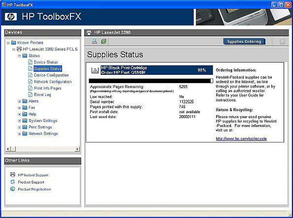 Figure 5-6 Supplies Status screen Device Configuration The Device Configuration screen shows the values for all of the settings available for the product and other configuration items, such