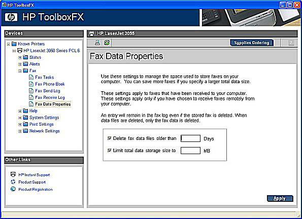Fax Data Properties Use the Fax Data Properties settings to manage the space used to store faxes on your computer. You can save more faxes if you specify a larger total data size.