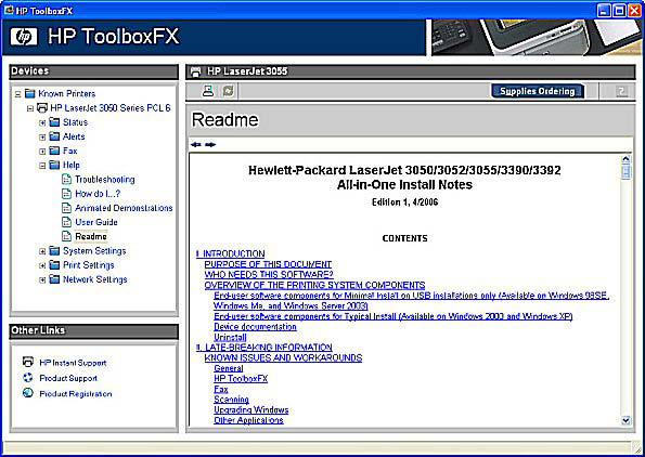Readme Figure 5-32 HP LaserJet 3050/3052/3055/3390/3392 Readme Use the Readme screen to gain access to the Hewlett-Packard LaserJet 3050/3052/3055/3390/3392 All-in-One Install Notes.