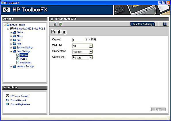 Figure 5-41 Printing screen The following table shows the options and settings available on the Printing screen.