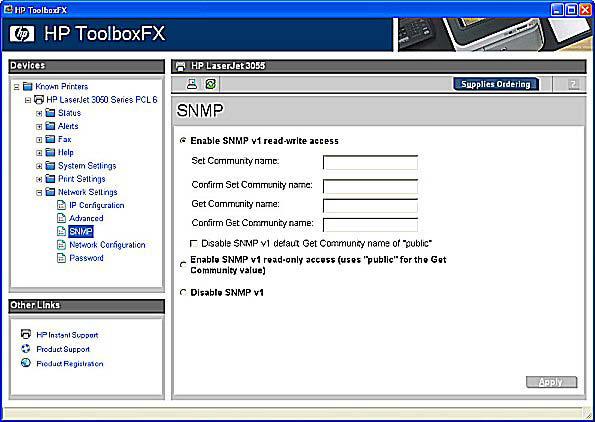 Figure 5-46 SNMP screen The following options are available on the SNMP screen: Enable SNMP v1 read-write access. Select this option to enable SNMP V1 agents on the HP LaserJet all-in-one.