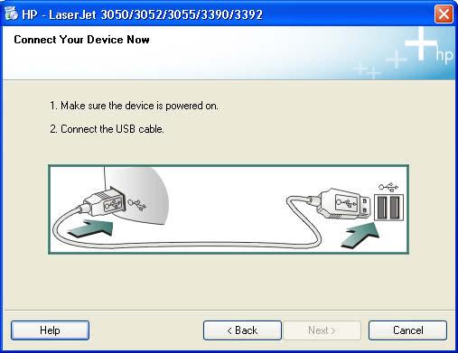 Installing Windows printing-system components Figure 6-15 USB install Connect Your Device Now dialog box When the Connect Your Device Now screen appears, make sure that the HP LaserJet
