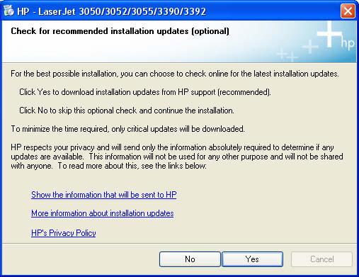 NOTE The Check for recommended installation updates dialog box appears only if the installer detects that a network connection is available.