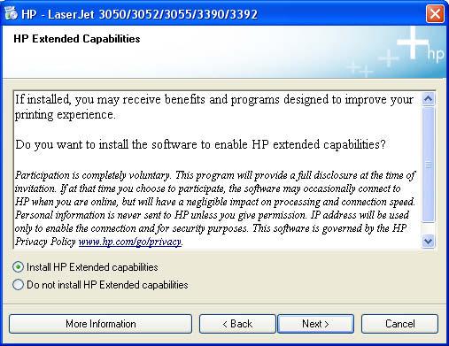 Installing Windows printing-system components Figure 6-29 Network install HP Extended Capabilities dialog box If you select the Install HP Extended capabilities option, a dialog box appears
