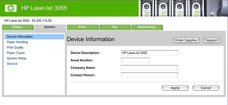 Figure 7-3 HP EWS Device Configuration System tab Print The Print tab allows you to view and