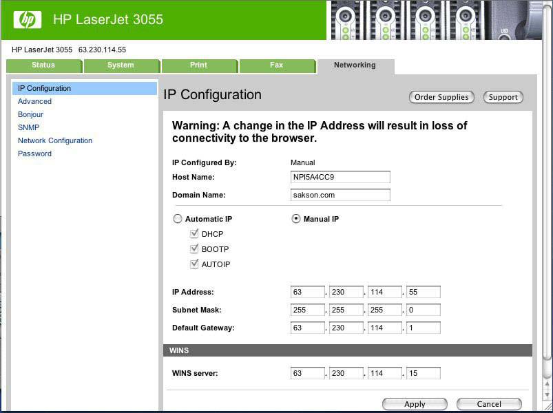 Figure 7-6 HP EWS Device Configuration Networking