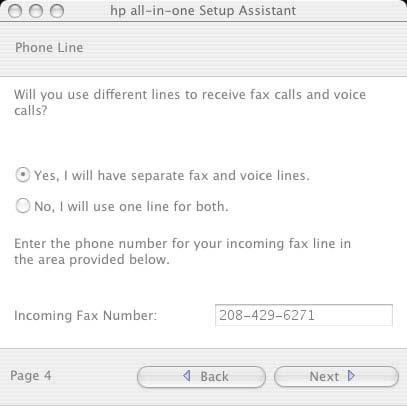 Figure 7-16 hp All-in-One Setup Assistant Phone Line Select the appropriate options.