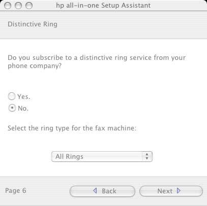 Figure 7-18 hp All-in-One Setup Assistant Distinctive Ring NOTE This step occurs only when you are installing the or the. Select the appropriate option.