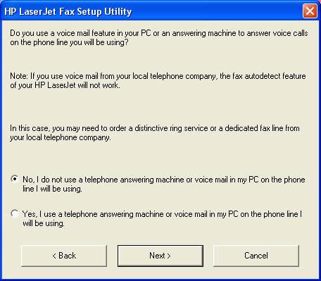 Figure 2-14 Fax Setup Utility Fax identification: Telephone number screen Select the appropriate response, and then click Next to continue.