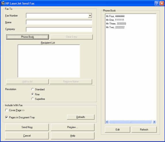 If you have stored entries in the fax phone book in the HP ToolboxFX software, click Phone Book on the HP LaserJet Send Fax dialog box, click Create Recipient List, and then drag-anddrop recipient